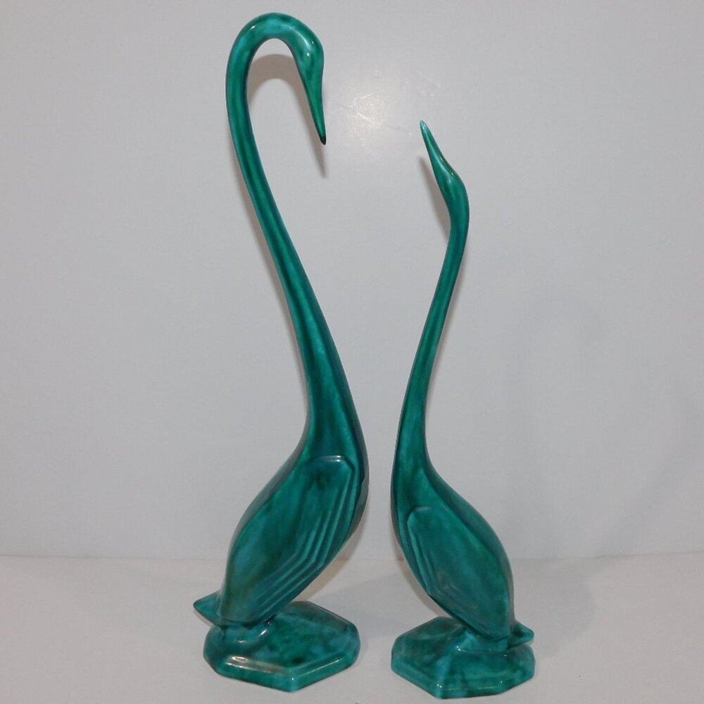 Set 2 VTG 70s Swan Crane Figurines Maple Leaf Pottery 17.5" & 15" long neck Teal